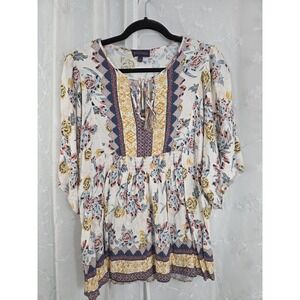 Artesia Floral Print Tunic 3/4 Sleeve Front Tie Neckline Ruched Waist Large